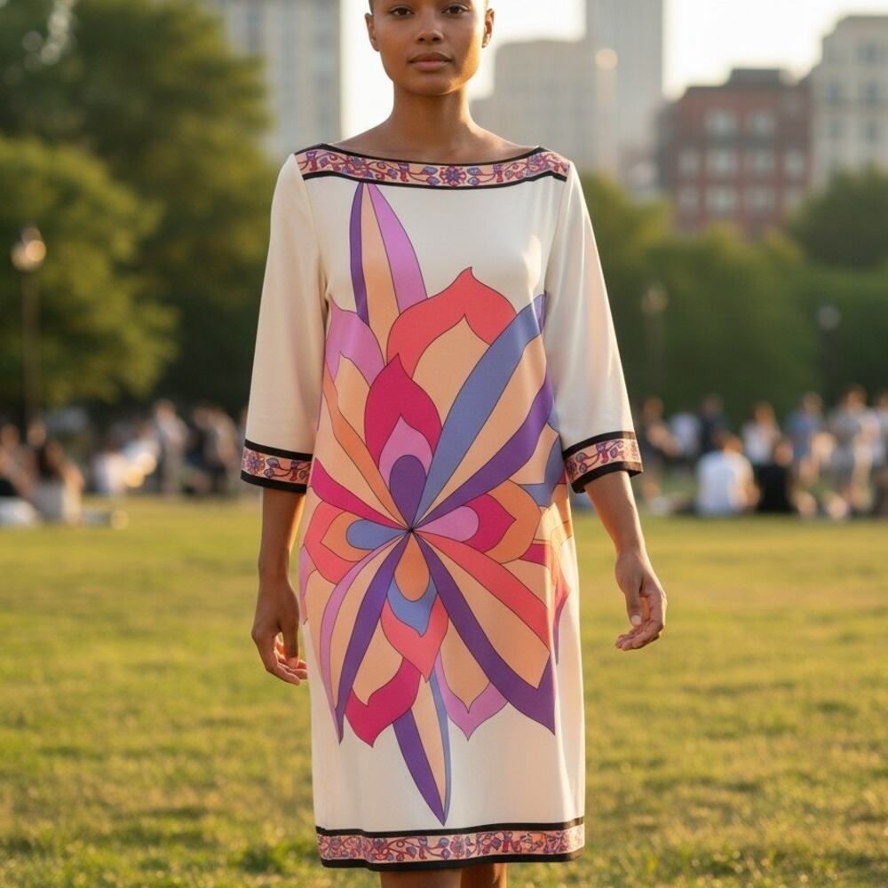 Donna Morgan Sheath Dress‎ Sz 12P Sunset Colors Abstract Retro Stretchy